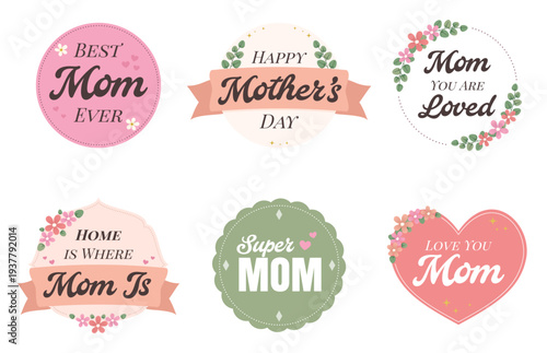 Mother's Day Typography Badge Set with Floral Labels, Heart Shapes, and Retro Ribbon Banners