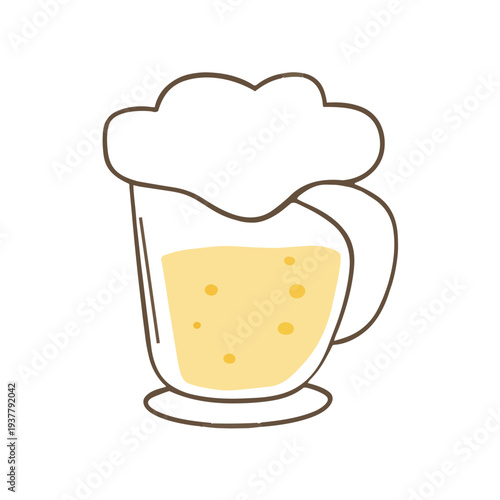 A cartoon-style beer mug with a fluffy head, filled with golden liquid