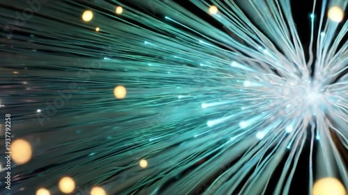 Abstract fiber optic cables with glowing light pulses for high speed internet data transmission