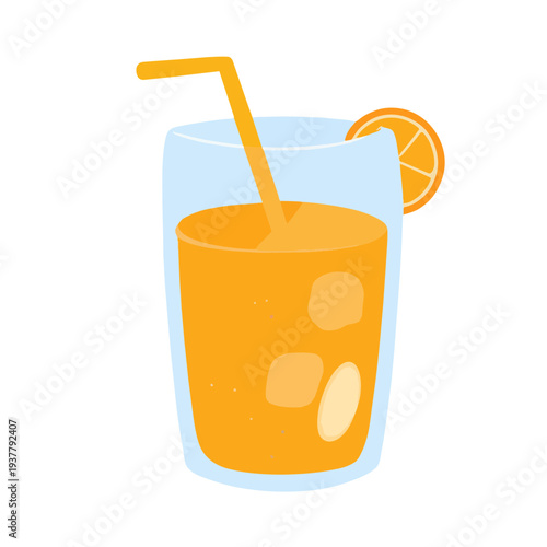 A tall glass of orange liquid with a straw and an orange slice. Isolated on white