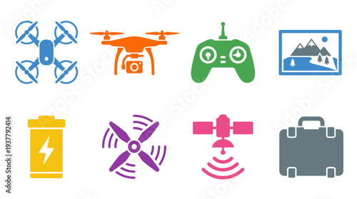 Drone Tech Icon Set – Aerial Technology Illustrations Featuring Quadcopters, Remote Controller, Landscape Frame, Battery, Propeller, Satellite, Signal Waves, and Travel Case