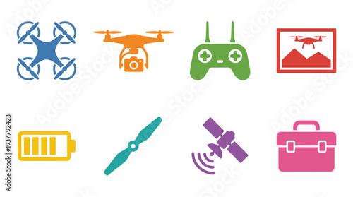 Drone Tech Icon Set – Aerial Technology Illustrations Featuring Quadcopters, Remote Controller, Landscape Frame, Battery, Propeller, Satellite, Signal Waves, and Travel Case