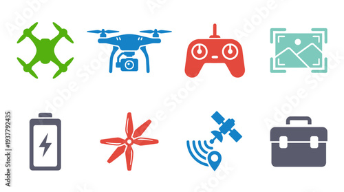 Drone Tech Icon Set – Aerial Technology Illustrations Featuring Quadcopters, Remote Controller, Landscape Frame, Battery, Propeller, Satellite, Signal Waves, and Travel Case