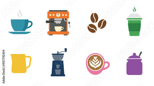 Coffee Icon Set – Café Essentials Illustrations Featuring Coffee Mug, Espresso Machine, Beans, Smoothie Cup, Milk Pitcher, Grinder, Latte Art, and Sugar Jar