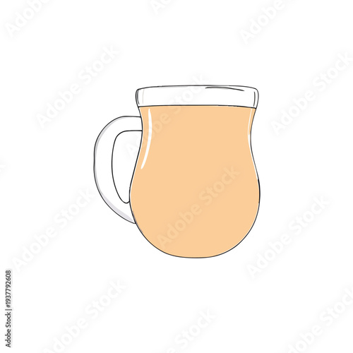 A stylized illustration of a glass mug filled with a light-colored beverage