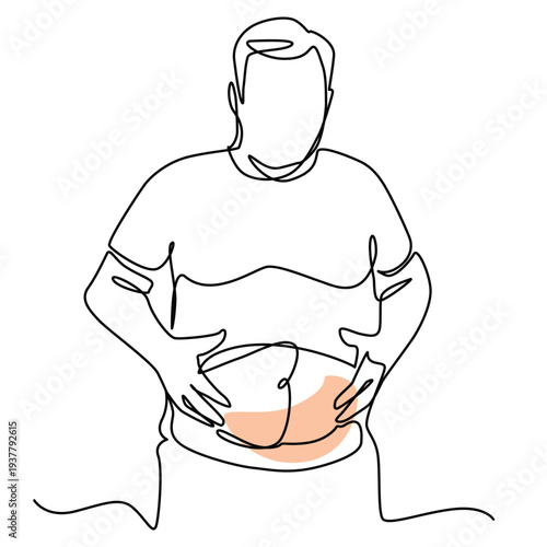 Overweight man holding his stomach one line drawing. Overweight man holding his stomach single line illustration. Overweight man holding his stomach minimalist line art