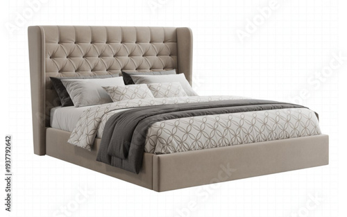 Modern beige bed with tufted headboard white and gray bedding and throw blanket interior design element On Valentine's day