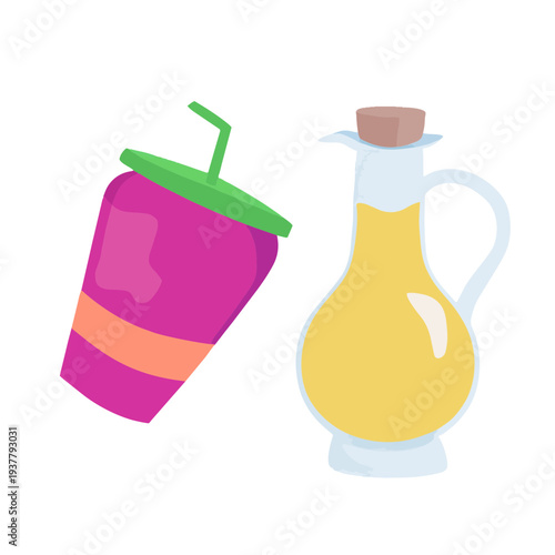 Cartoon image of a purple drink cup with straw and a glass bottle of yellow liquid