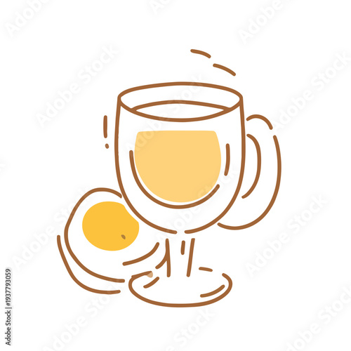 A warm beverage, depicted in minimalist style. Steam rising from a double-walled mug