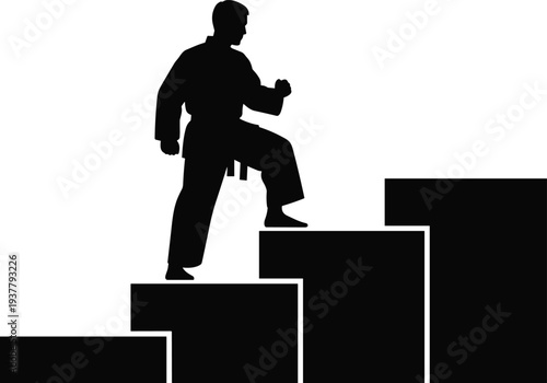 Silhouette martial artist ascending steps, black and white vector illustration symbolizing discipline, progression, mastery, achievement, and martial arts training journey concepts