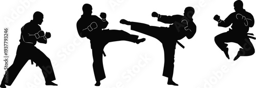 Silhouette martial artists performing punches, kicks, and jumps, black and white vector illustration symbolizing discipline, movement, combat, and martial arts training concepts