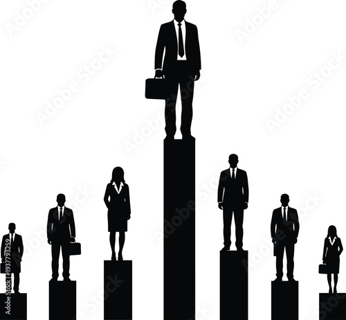 Silhouette of business professionals on pedestals, black and white vector illustration symbolizing hierarchy, leadership, success, achievement, and corporate career progression concepts