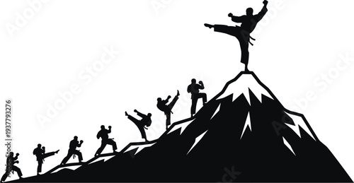 Silhouette of martial artists ascending mountain, black and white vector illustration symbolizing growth, discipline, mastery, achievement, and martial arts progression concepts