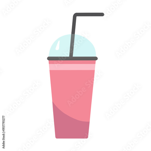 A pink drink in a cup with a straw and a blue dome lid, white background