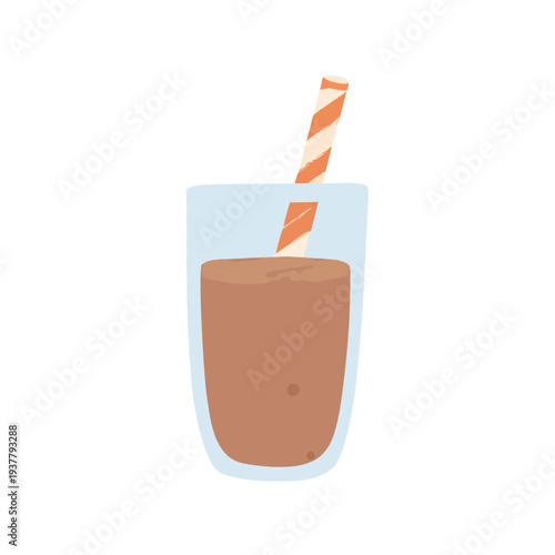 A brown drink in a glass with a striped straw on a white background