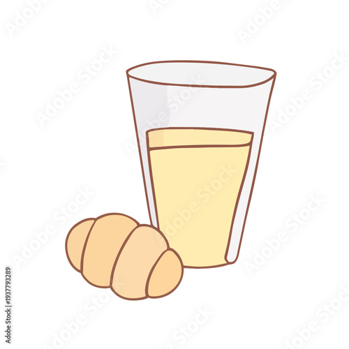 Cartoon illustration of a tall glass filled with a light yellow drink, and a pastry