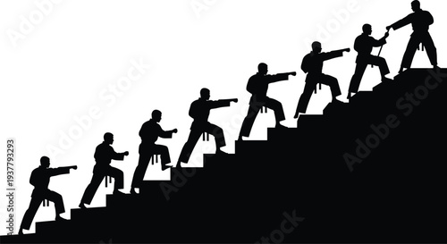 Silhouette of martial artists ascending staircase with mentorship at top, black and white vector illustration symbolizing growth, discipline, guidance, teamwork, and skill progression concepts