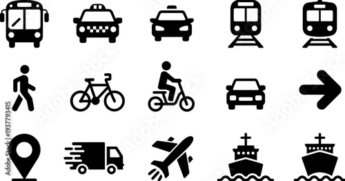 Transportation transport icons set including bus taxi car train bicycle scooter airplane ship truck walking location vector collection