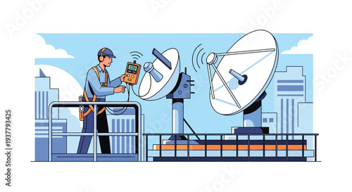 Satellite technician on rooftop vector