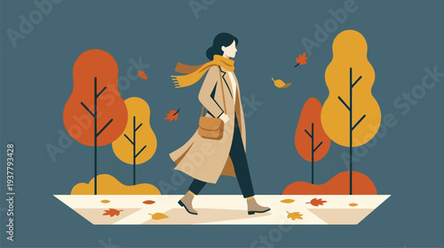 Woman Walking in Autumn Leaves Illustration 1.