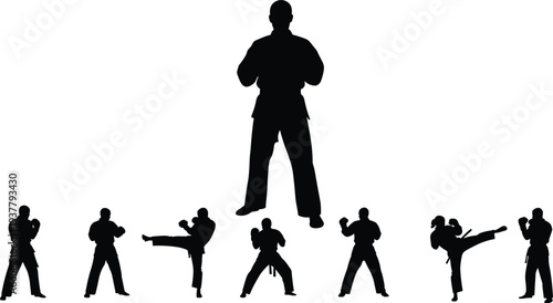 Silhouette of martial arts master with surrounding students in stances, black and white vector illustration symbolizing hierarchy, discipline, leadership, and martial arts training concepts