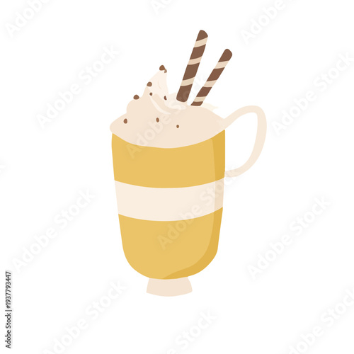 Illustrated mug of drink with whipped cream, chocolate sprinkles, and wafers
