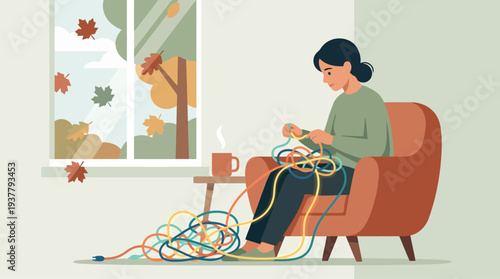 Woman Knitting in a Chair Relaxing.