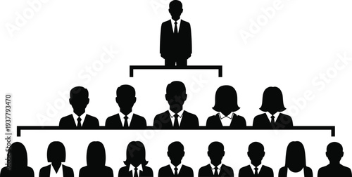 Silhouette organizational chart with executive leader and team, black and white vector illustration symbolizing hierarchy, management, teamwork, leadership, and corporate structure concepts