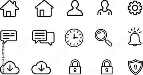 User interface UI icons set including home user settings chat clock search notification cloud lock security vector line collection