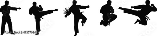 Silhouette sequence of martial artists performing punches, kicks, and stances, black and white vector illustration symbolizing discipline, agility, technique, and martial arts training concepts