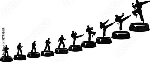 Silhouette sequence of martial artist performing kicks on ascending platforms, black and white vector illustration symbolizing discipline, mastery, growth, and martial arts progression concepts
