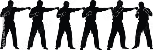 Silhouette sequence of martial arts punching technique, black and white vector illustration symbolizing combat training, discipline, consistency, self-defense, and sports instruction concepts