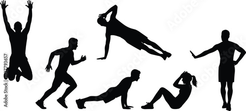 Fitness workout silhouette collection featuring jumping running push up plank and sit up exercises, isolated athletic training set on white background