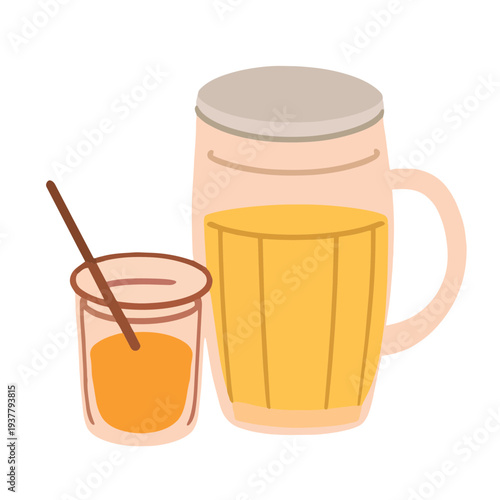 Illustration of a beer mug, a small glass with a straw, all in a simple cartoon style