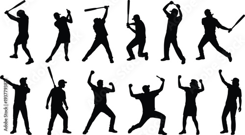 Black silhouette illustration of twelve baseball players in dynamic poses holding bats, symbolizing sports action, athletic movement, and competitive energy for design, training, and creative 