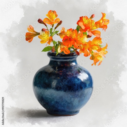 A vibrant still life of bright orange flowers blossoming from a shiny, navy-blue ceramic vase. The background is simple