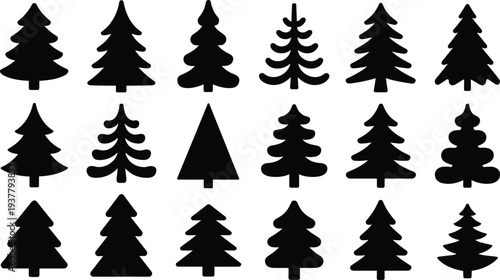 Black silhouette illustration of twenty pine trees in diverse shapes and styles, symbolizing nature, forest design, holiday themes, and decorative artwork for creative projects.