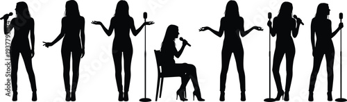 Female singer silhouette set with microphone stand poses, woman vocalist performing on stage isolated vector illustration collection