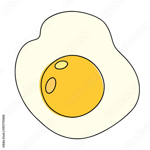 Flat illustration of a fried egg. Egg white surrounding yolk, with two small highlights