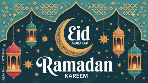 Eid mubarak ramadan kareem greeting card with lanterns crescent moon and stars on ornate islamic background