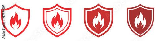 Shield, with fire icon set featuring protective symbols, flame hazard warning, fire safety illustration, modern flat vector design for industrial, safety