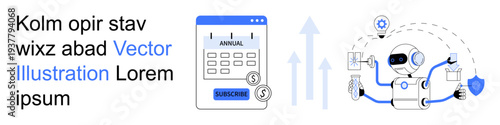 Artificial intelligence, automation, data security, subscription models, futuristic tech, innovation. Digital robot with tools, screen displaying subscription. AI automation and data security