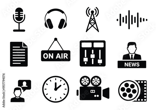 Media icons microphone headphones antenna news anchor broadcasting vector