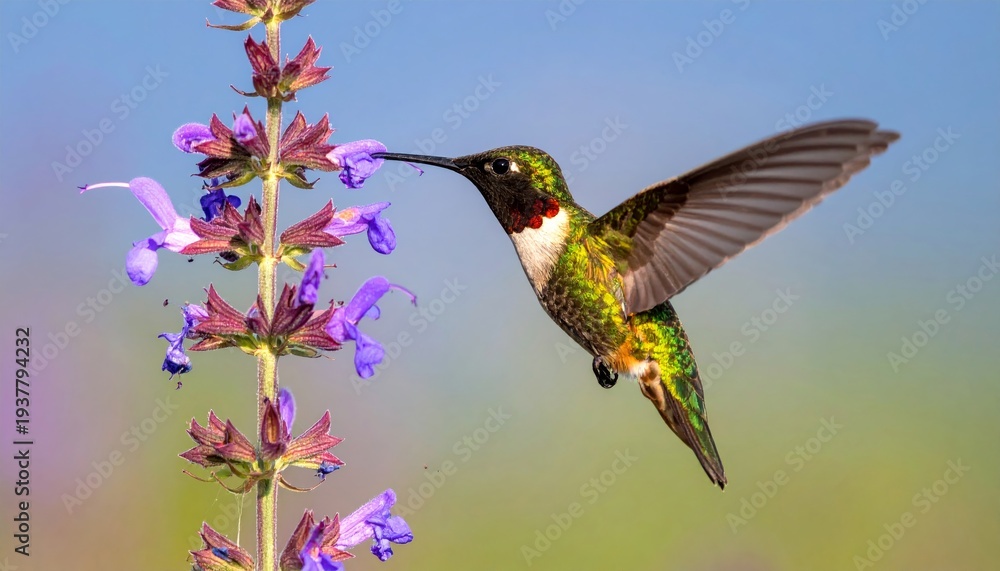 Fototapeta premium Small ruby-throated hummingbird with vibrant green feathers hovering in flight to feed on nectar from a flower using its long beak