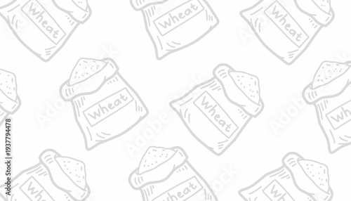 Wheat Flour Sack Seamless Pattern. Flour Bag Bakery Illustration. Handdrawn Wheat Ingredient Doodle. Repeating Flour Packaging Texture. Minimalist Baking Background. Bakery Ingredient Pattern Design. 