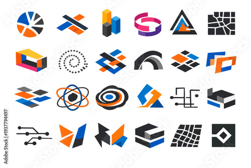 A collection of abstract geometric icons displayed in a grid layout, showcasing various shapes and designs.