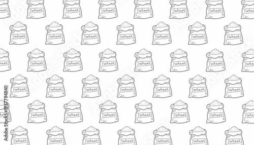 Wheat Flour Sack Seamless Pattern. Flour Bag Bakery Illustration. Handdrawn Wheat Ingredient Doodle. Repeating Flour Packaging Texture. Minimalist Baking Background. Bakery Ingredient Pattern Design. 