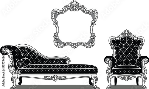 Set of Black Silhouette Vector Illustrations Featuring Elegant Victorian Style Furniture Including a Chaise Lounge Armchair and Ornate Mirror Frame