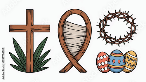 Christian easter symbols including cross crown of thorns fish and decorated eggs representing faith and resurrection