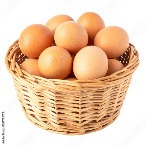 Wallpaper Mural Eggs in Wicker Basket Isolated On White Background: A rustic wicker basket overflows with a bounty of fresh, brown eggs. Perfect for breakfast or any culinary creation.  Torontodigital.ca